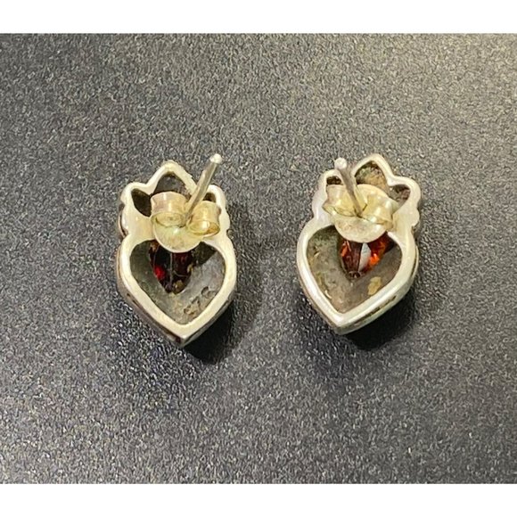 Vintage 925 Marcasite & Garnet Earrings Teardrop Cab Stud Pierced - Picture 5 of 7